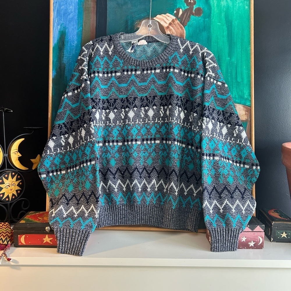 Vintage 80s 90s Men's Geometric Crewneck Sweater - Gray and Teal Large